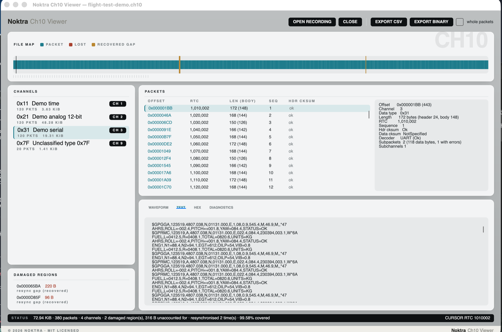 Serial channel decoded into subpackets